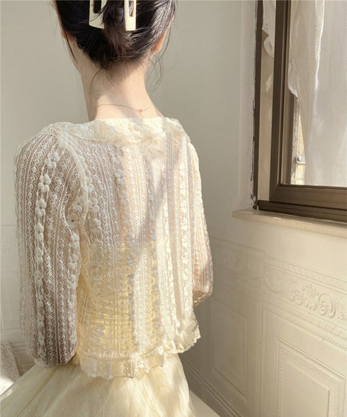 レースボレロカーディガン シアートップス レディース 花柄フリルカーディガン フェミニン 日焼け防止 冷房対策 フロントリボンサマーカーディガン ショート丈春夏服 84WANJIA-017